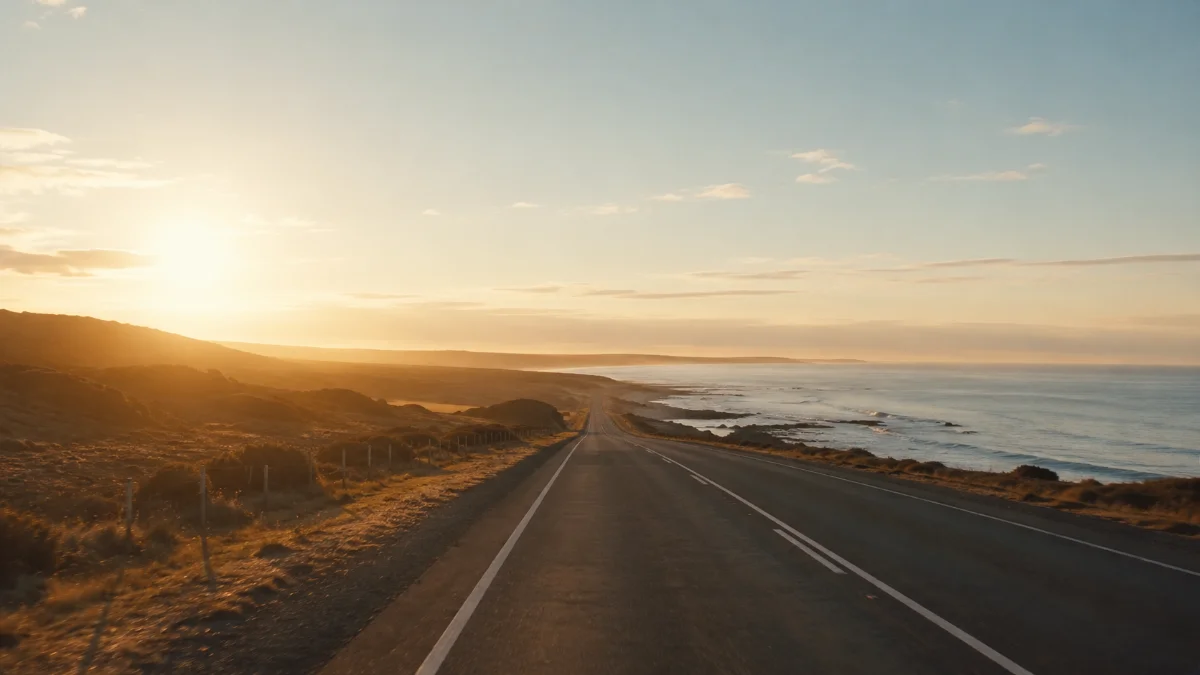 Long coastal road · white lines & sun flare